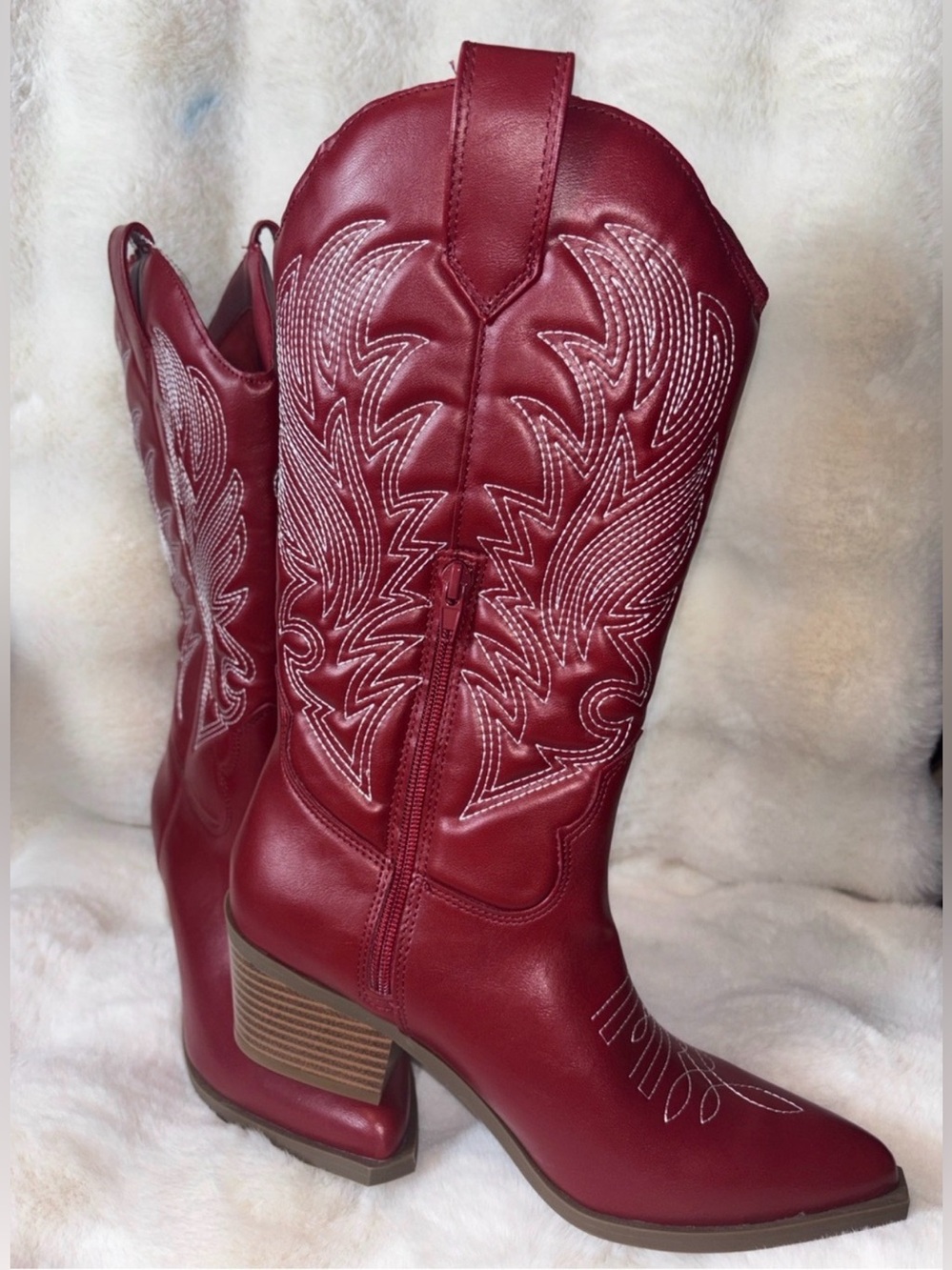 Indigo burgundy Western Embroidered Heeled Cowboy Boots
